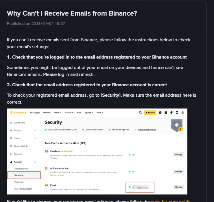 Binance Help Center page “Why Can’t I Receive Emails from Binance?”, listing the checks: be logged in to the registered address, confirm the address on the Security page, check the spam folder — with a screenshot of the account Security settings