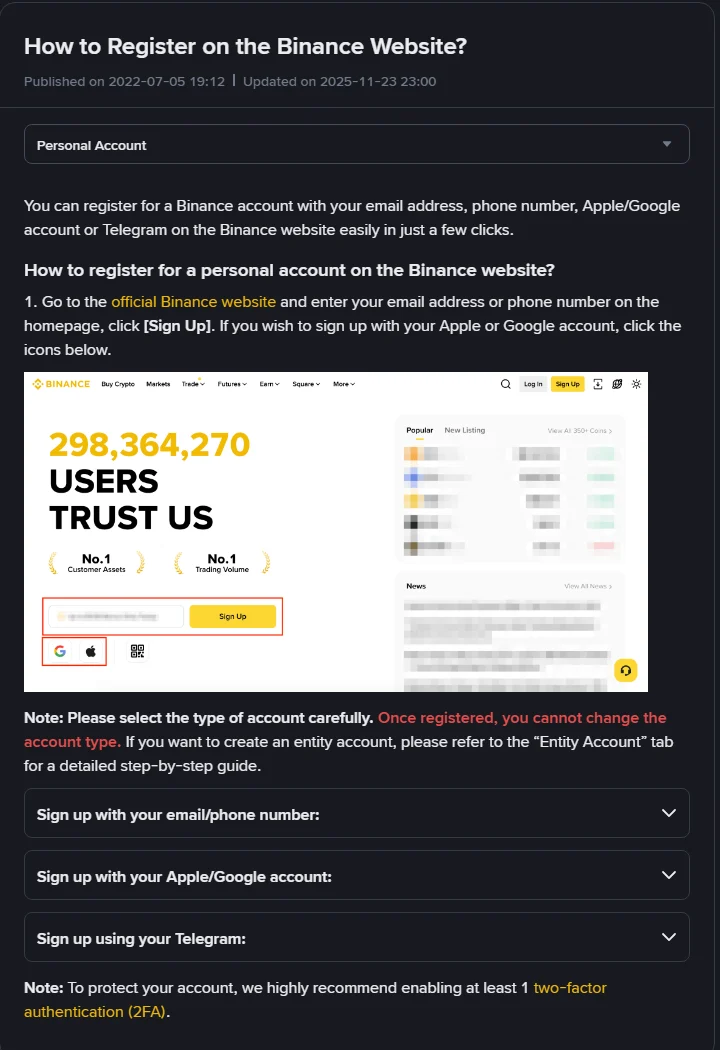Binance Help Center page titled How to Register on the Binance Website, showing the published and updated dates, the four sign-up methods, a screenshot of the sign-up form, and a red note stating that the account type cannot be changed once registered