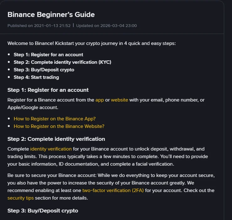 Binance Help Center page titled Binance Beginner’s Guide, showing the published and updated dates and the four steps: register for an account, complete identity verification, buy or deposit crypto, and start trading