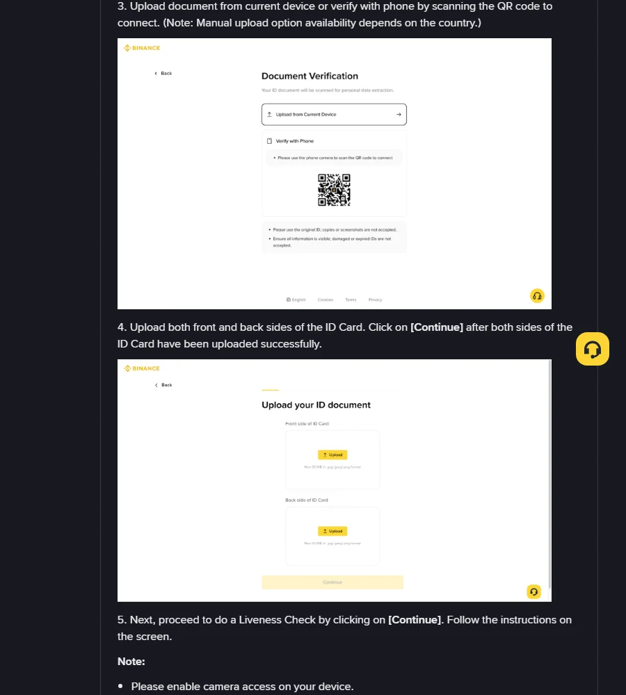 Binance identity verification pages in English: the document verification screen with an upload option and QR code, a note that original IDs are required and copies or screenshots are not accepted, and the upload screen with separate boxes for the front and back of an ID card